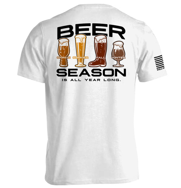 White graphic tee, back print 'BEER SEASON' with beer icons and seasons