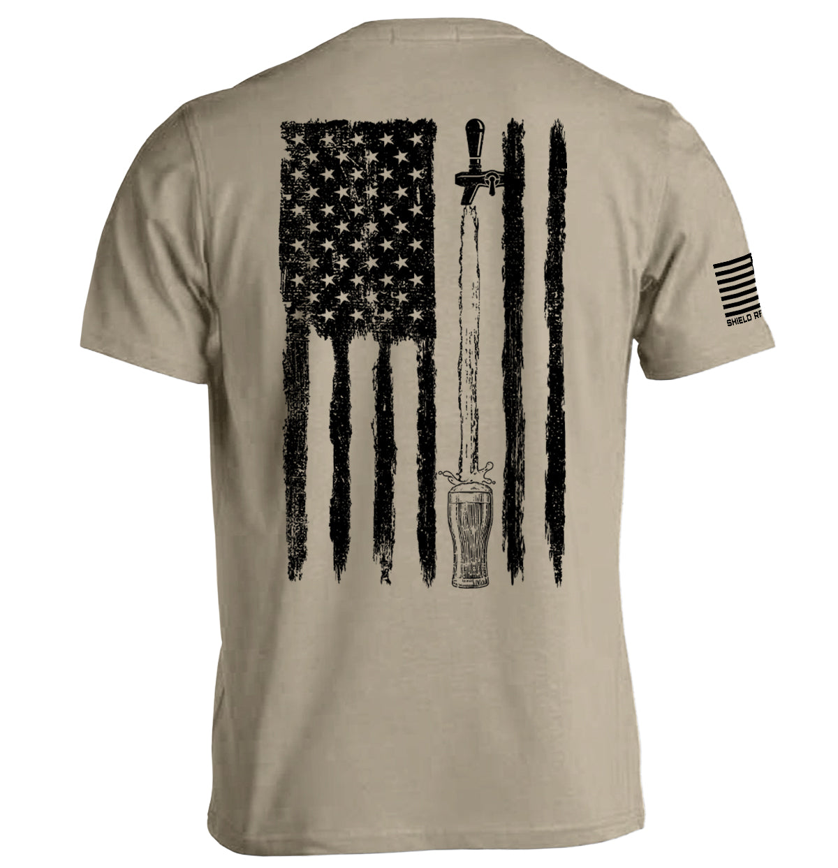 Tan T-shirt with patriotic flag and beer graphic on the back