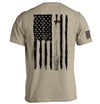 Tan T-shirt with patriotic flag and beer graphic on the back