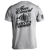 Sport grey T-shirt with back graphic text 'Beer Removal' and 'SERVICE' plus barcode sleeve print