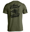 Military green T-shirt with back graphic text 'Beer Removal' and 'SERVICE' plus barcode sleeve print