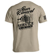 Tan T-shirt with back graphic text 'Beer Removal' and 'SERVICE' plus barcode sleeve print