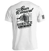 White T-shirt with back graphic text 'Beer Removal' and 'SERVICE' plus barcode sleeve print