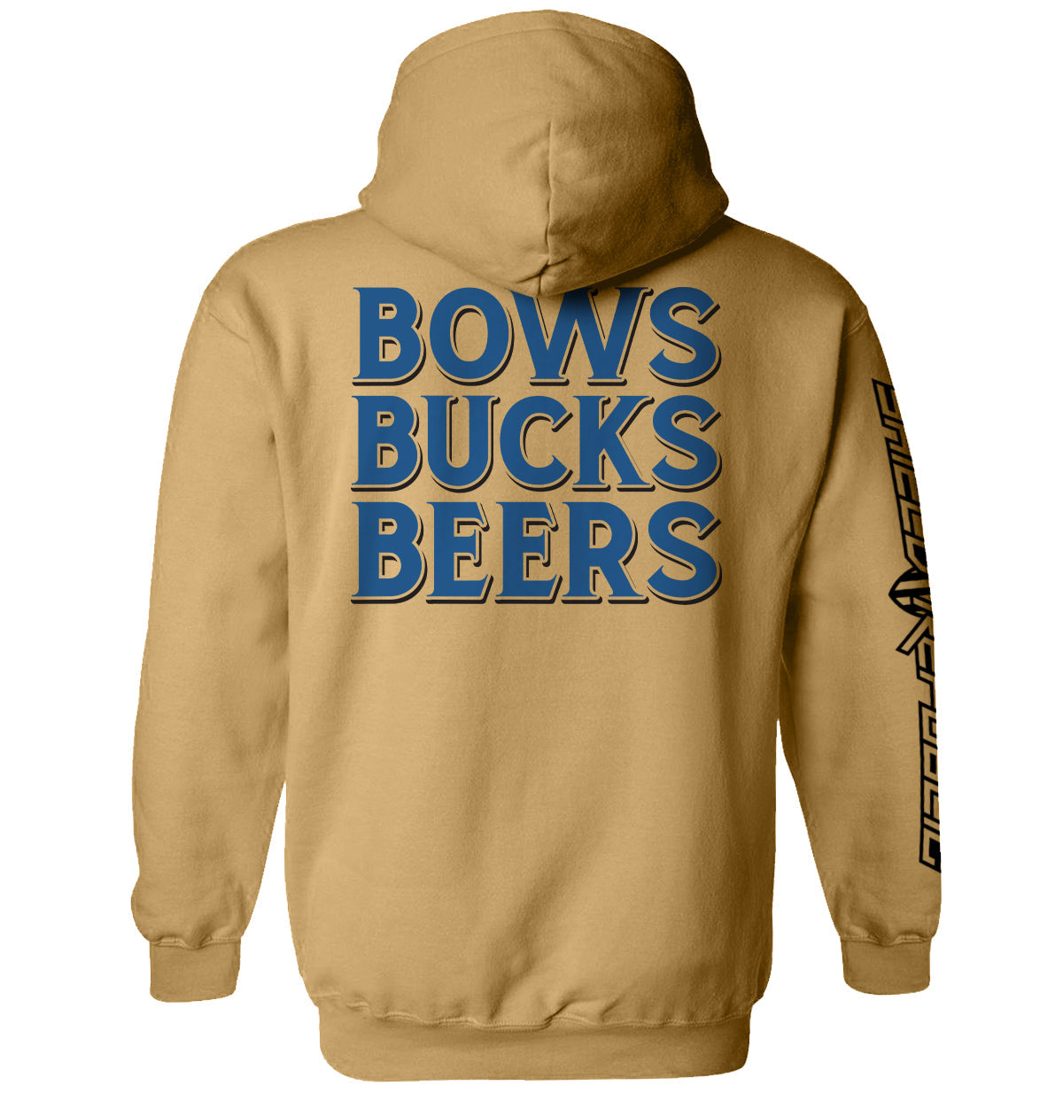 Tan hoodie, back 'BOWS BUCKS BEERS' graphic with vertical sleeve text