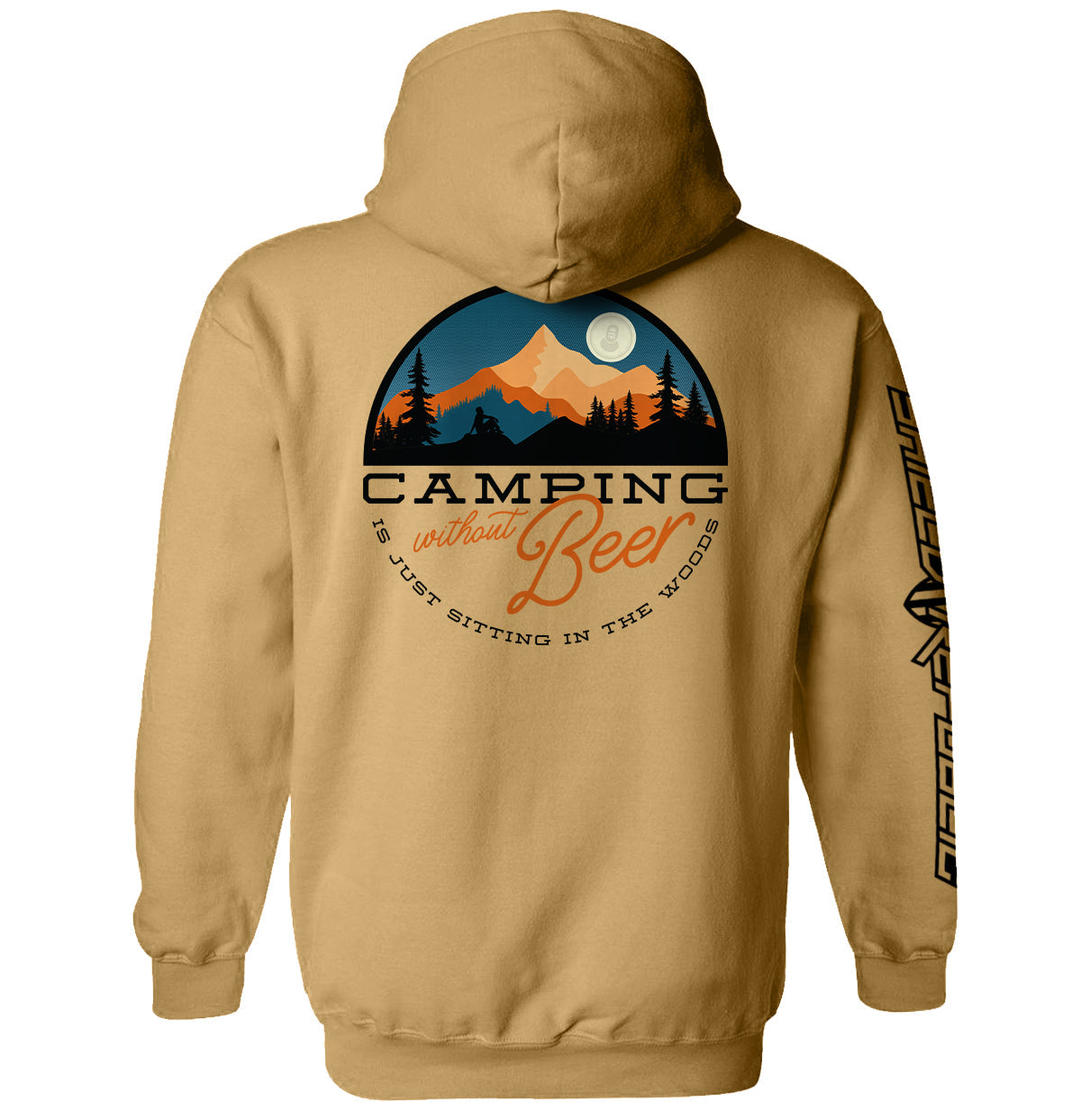 Tan hoodie with back camping mountain and trees logo print