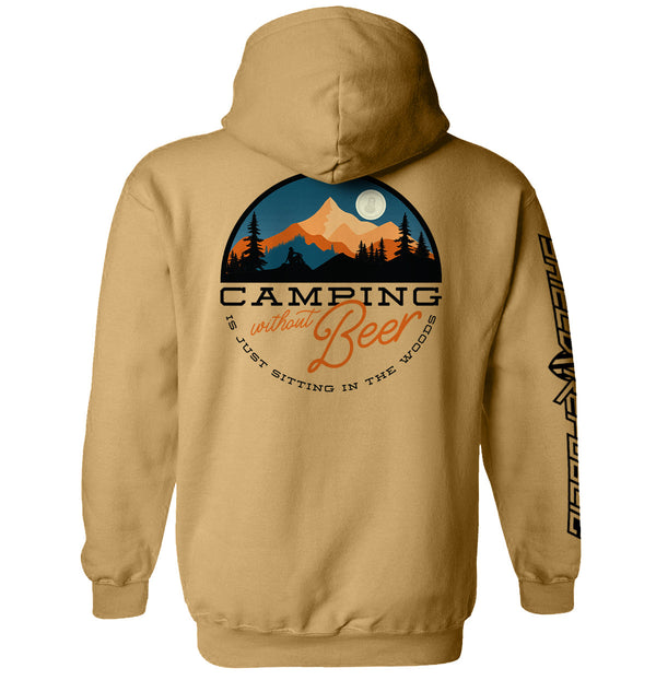 Tan hoodie with back camping mountain and trees logo print