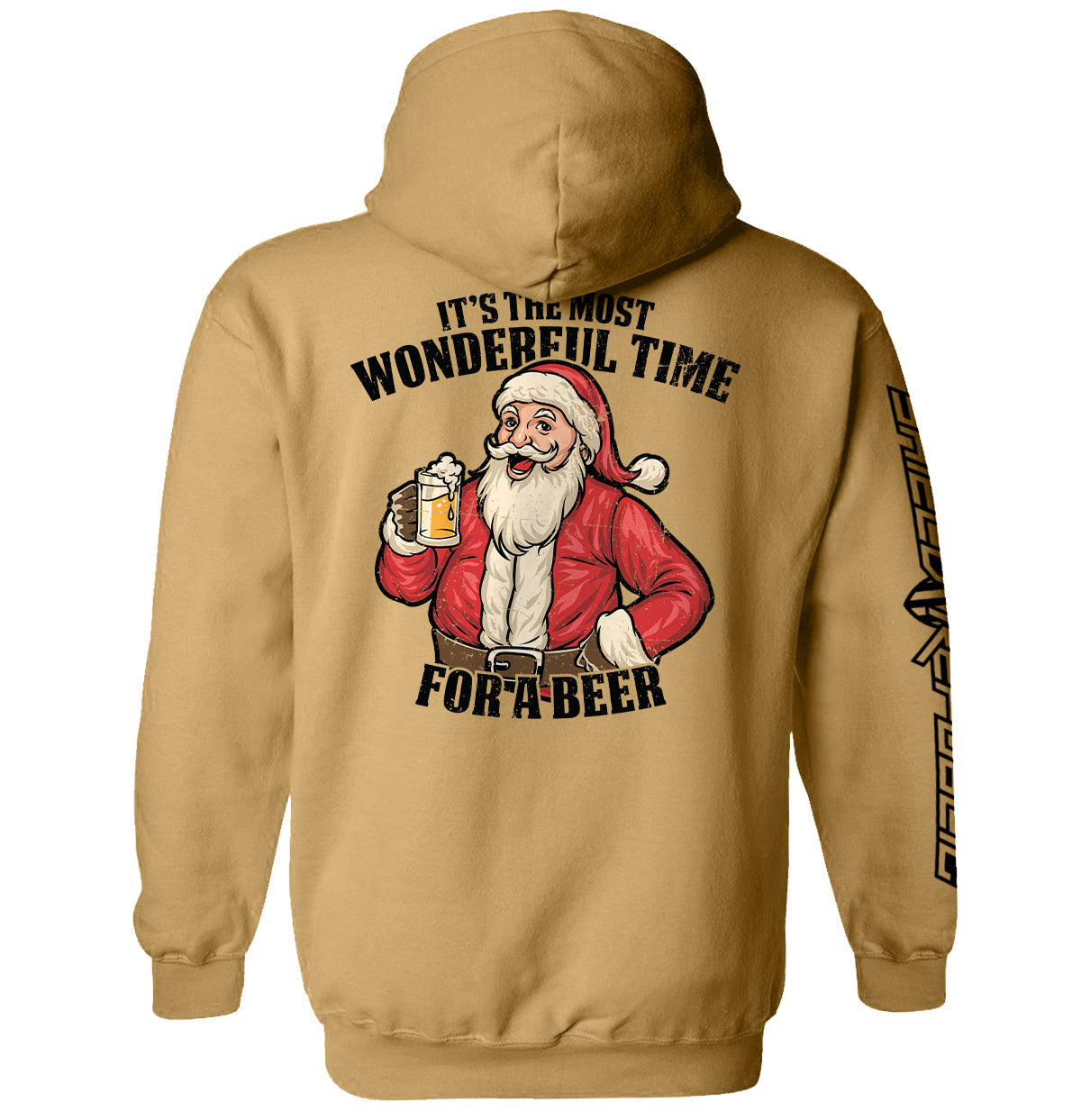 Tan hoodie, Santa holding a beer with back text 