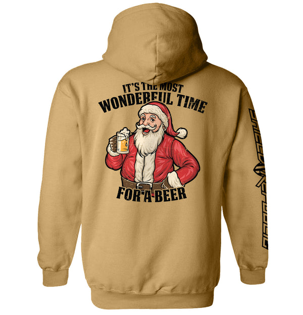 Tan hoodie, Santa holding a beer with back text "WONDERFUL TIME FOR A BEER"