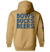 Tan hoodie, back 'BOWS BUCKS BEERS' graphic with vertical sleeve text