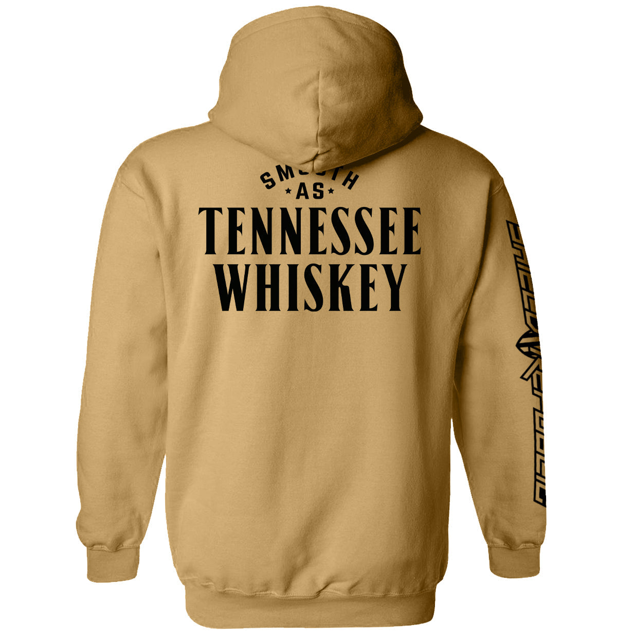 Tan hoodie with hood and Tennessee Whiskey text on back, plus vertical sleeve graphic