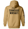 Tan hoodie with hood and Tennessee Whiskey text on back, plus vertical sleeve graphic