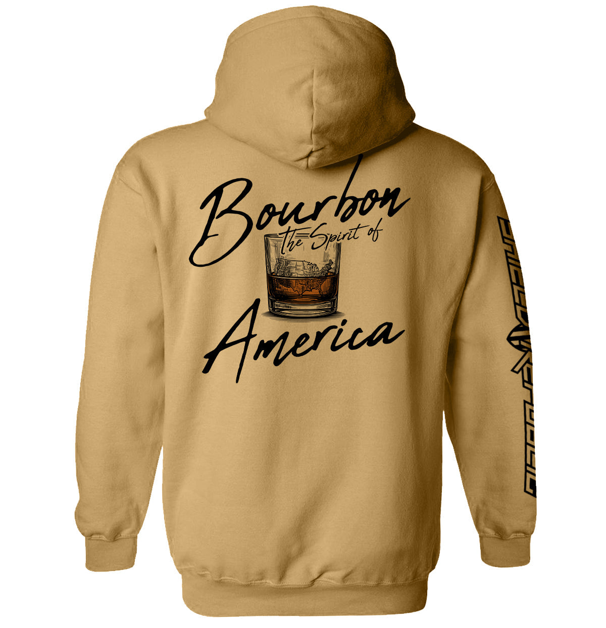 Tan hoodie with Bourbon the Spirit of America back graphic and sleeve print