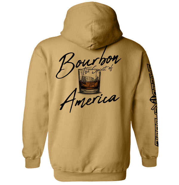 Tan hoodie with Bourbon the Spirit of America back graphic and sleeve print