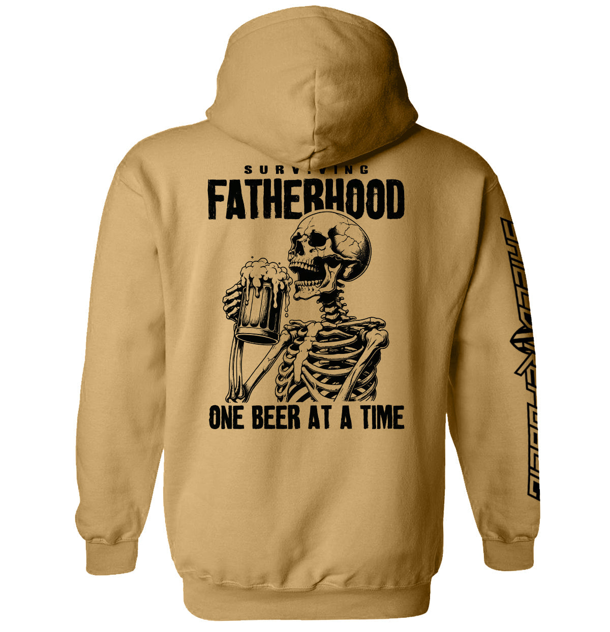 Tan hoodie with skeleton holding beer and 'Surviving Fatherhood' front and back print
