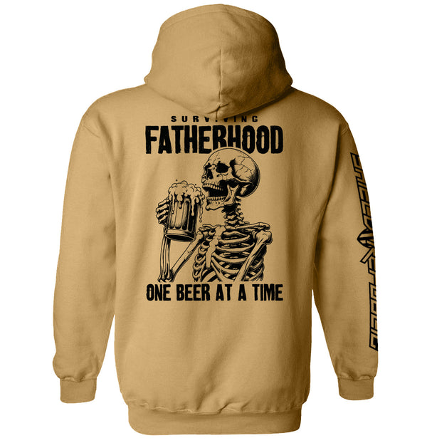 Tan hoodie with skeleton holding beer and 'Surviving Fatherhood' front and back print