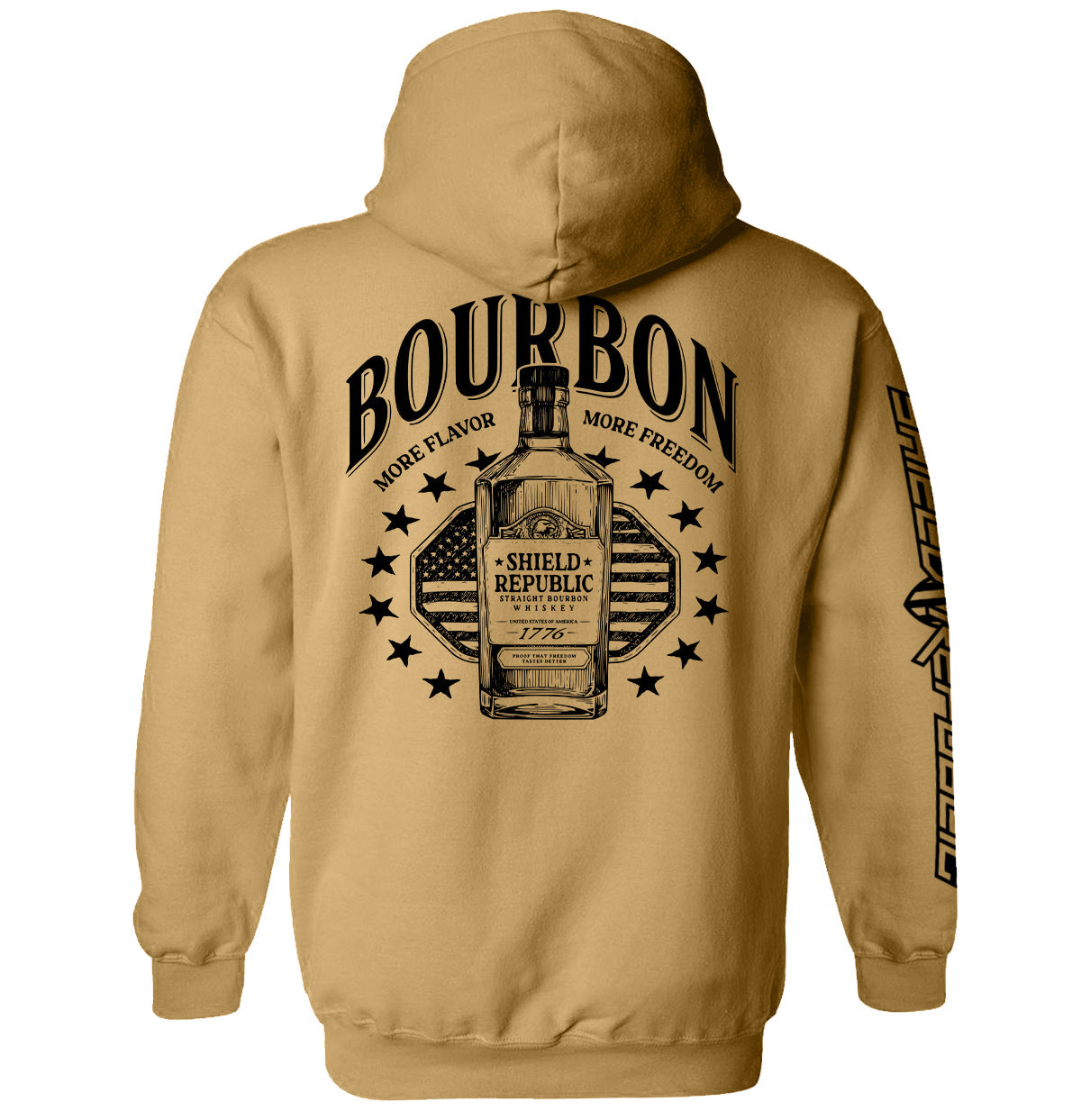 Tan pullover hoodie with back graphic print and hood