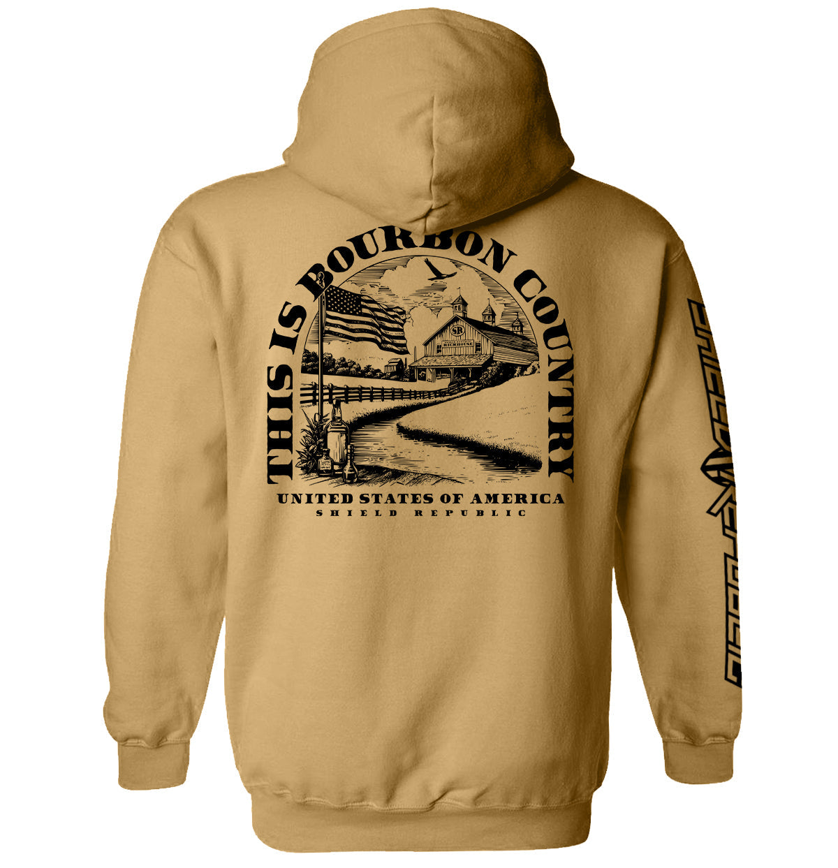 Tan pullover hoodie with large back graphic and vertical side text