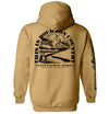 Tan pullover hoodie with large back graphic and vertical side text