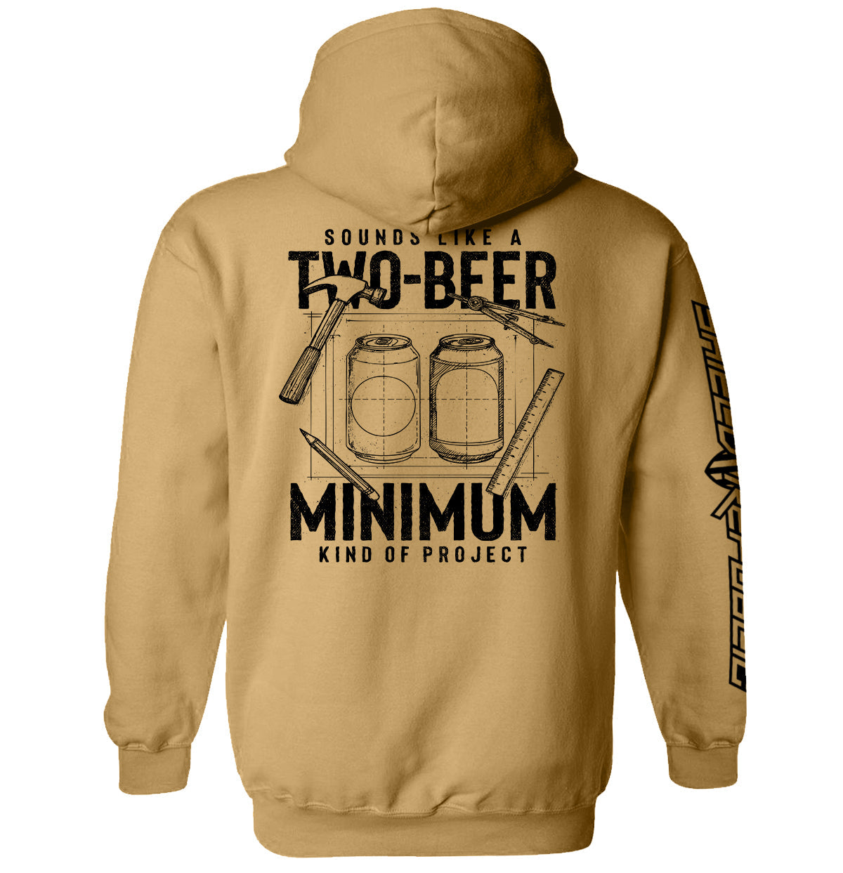 Two-beer minimum graphic hoodie, tan back print with beer cans; sleeve text