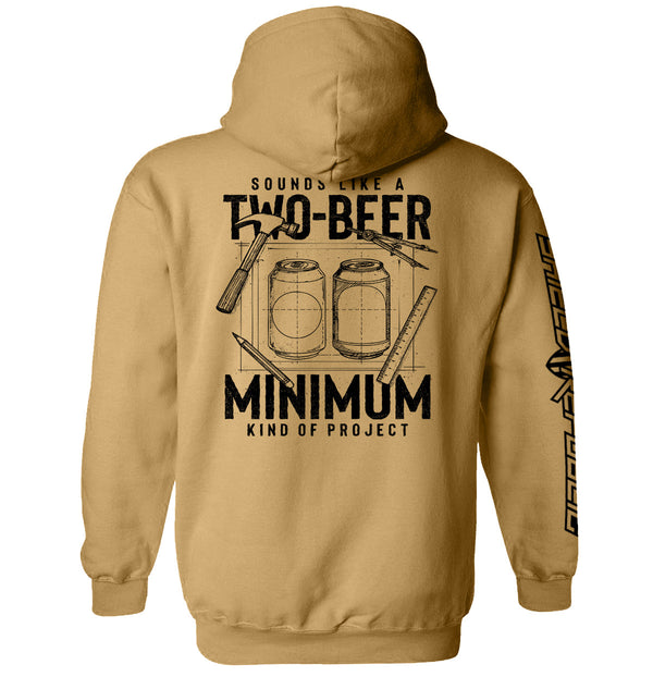 Two-beer minimum graphic hoodie, tan back print with beer cans; sleeve text