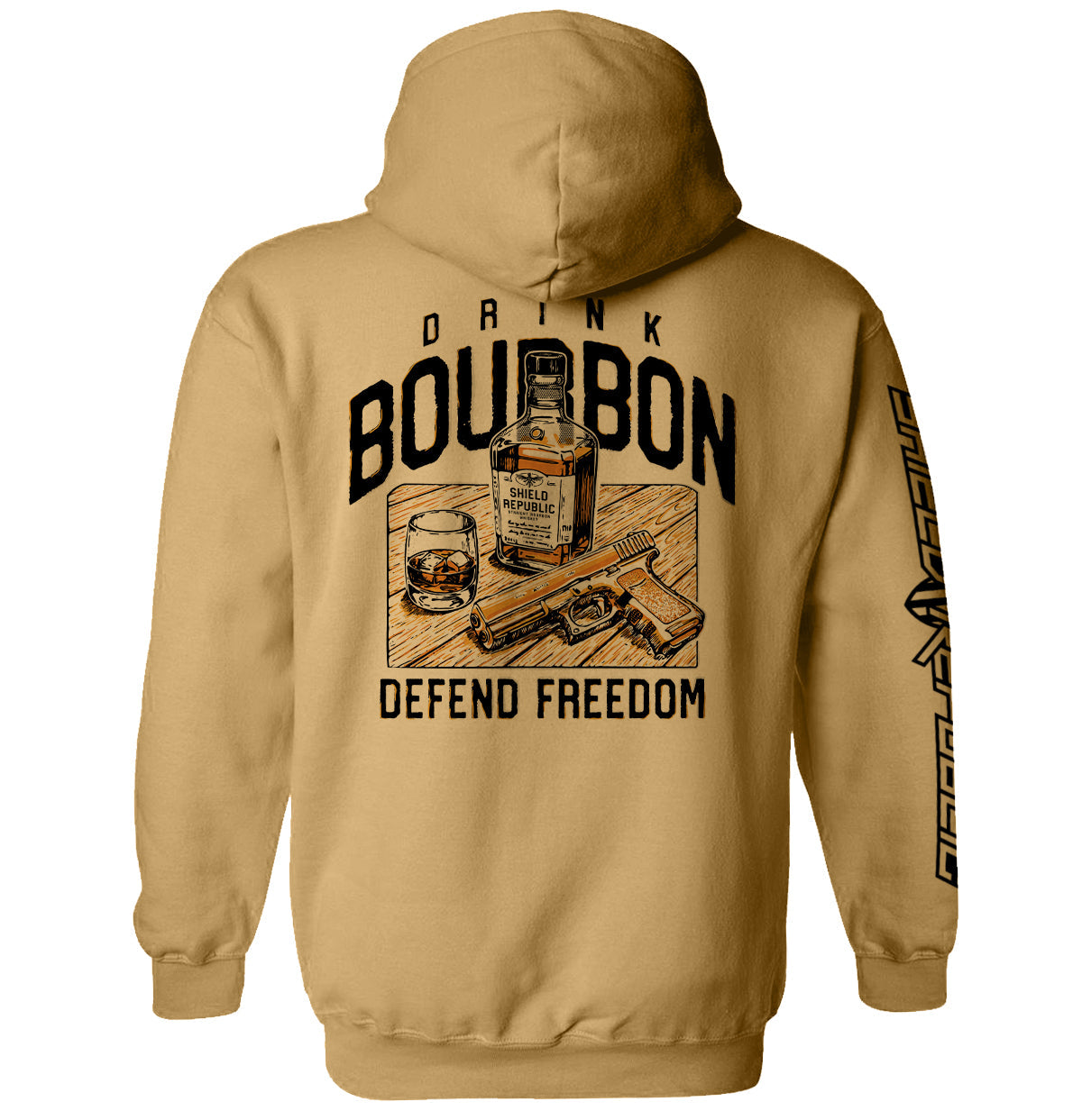 Tan pullover hoodie with back Drink Bourbon graphic, whiskey bottle and DEFEND FREEDOM
