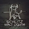 Neon Schlitz Malt Liquor sign with smiling horse outline on metal stand, white neon outline