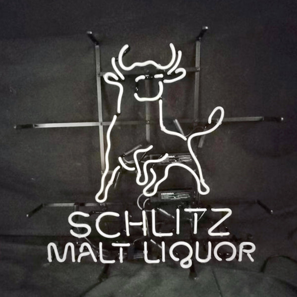 Neon Schlitz Malt Liquor sign with smiling horse outline on metal stand, white neon outline