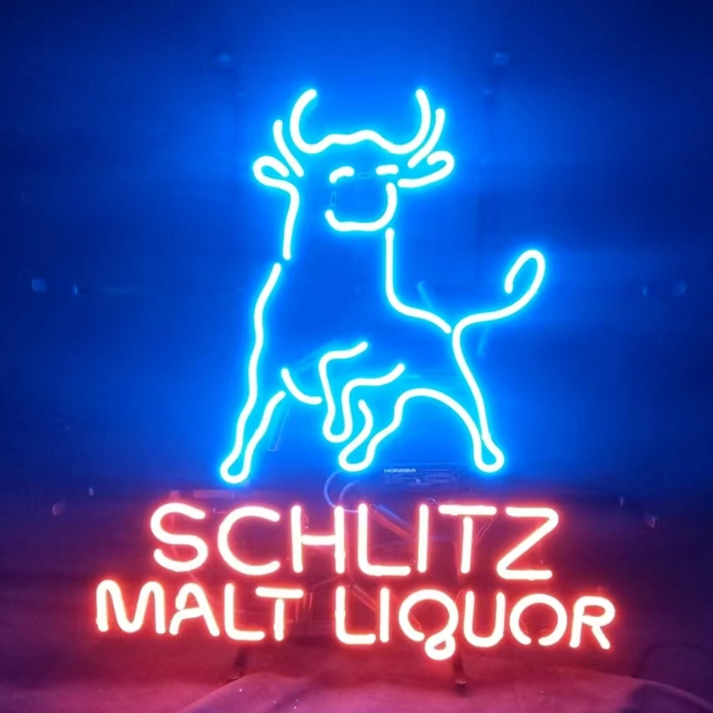 Neon beer sign with Schlitz Malt Liquor text and smiling horse outline, blue glow