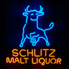 Neon beer sign with Schlitz Malt Liquor text and smiling horse outline, blue and orange glow