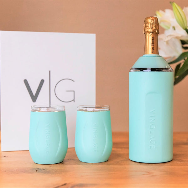 Sea glass teal wine bottle cooler with two matching tumblers