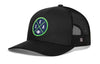 Navy trucker baseball cap with green SEA X A logo patch and mesh back snapback