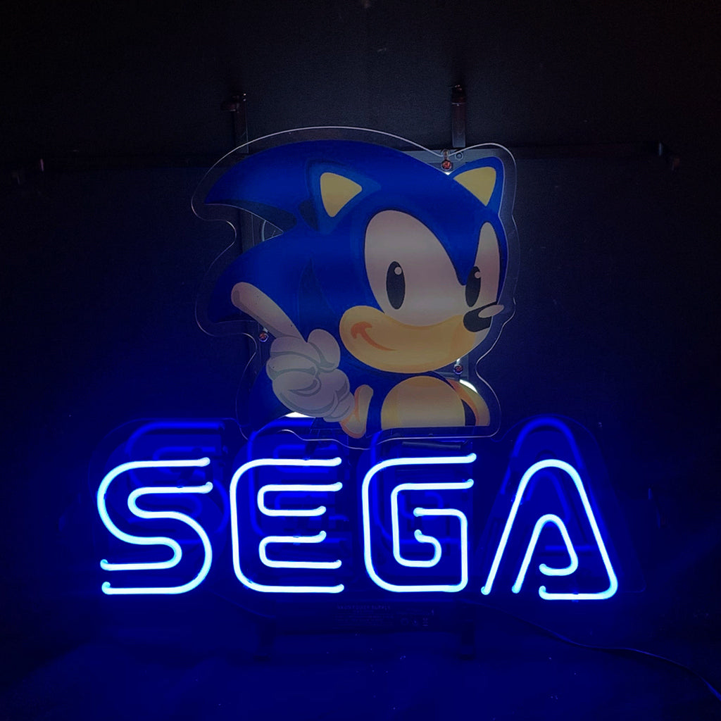 Front-facing blue Sega-style neon sign with glowing 'SEGA' letters