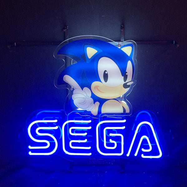 Neon wall sign featuring Sonic-like character and glowing 'SEGA' letters
