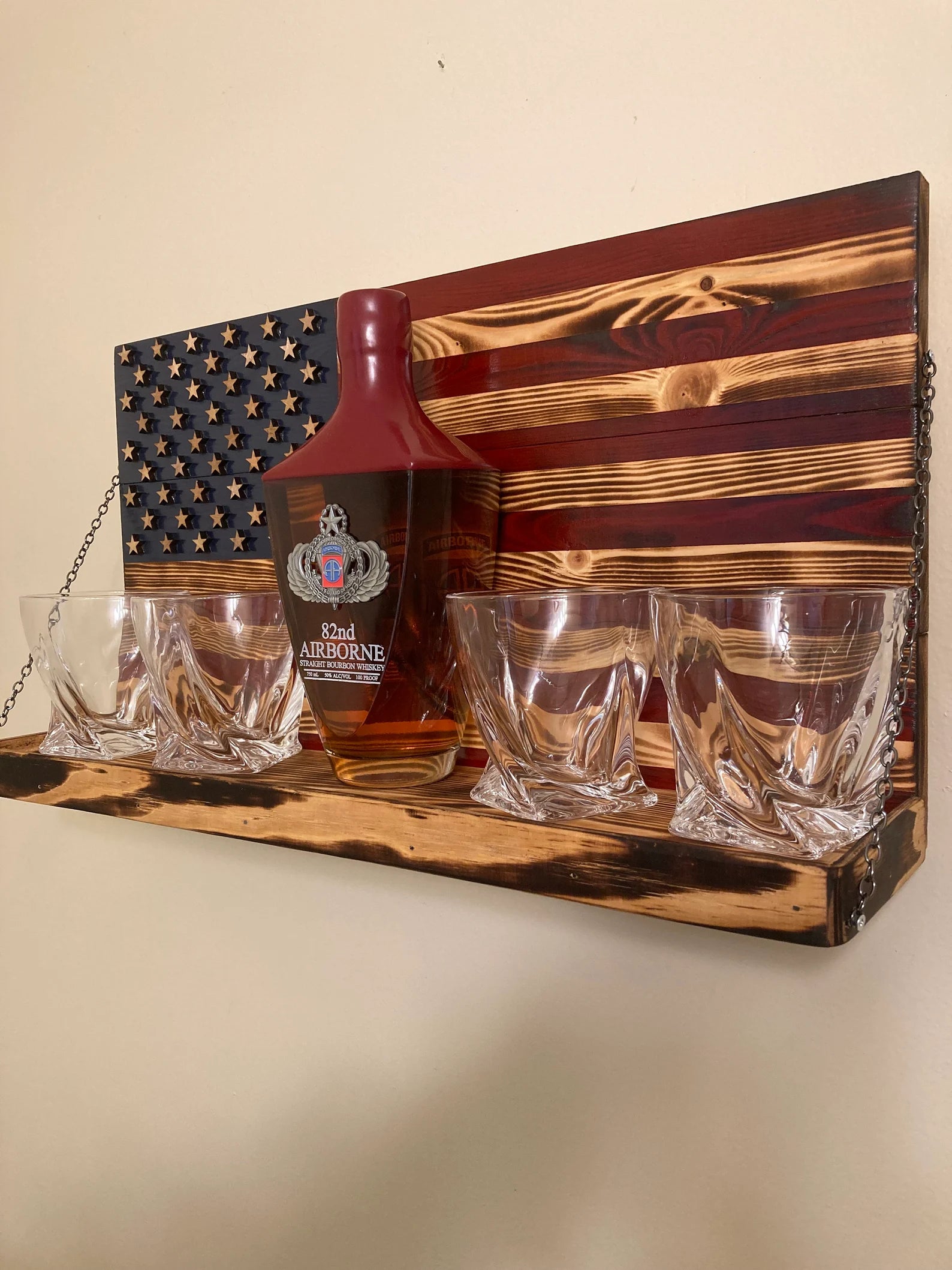 Whiskey Bottle Rack - Blue with Red Stripes and Burnt Wood