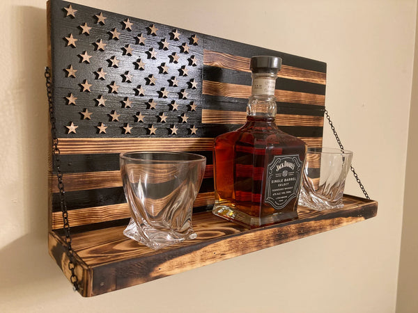 Whiskey Bottle Rack - Black and Burnt Wood For the Bar 13 Stripes