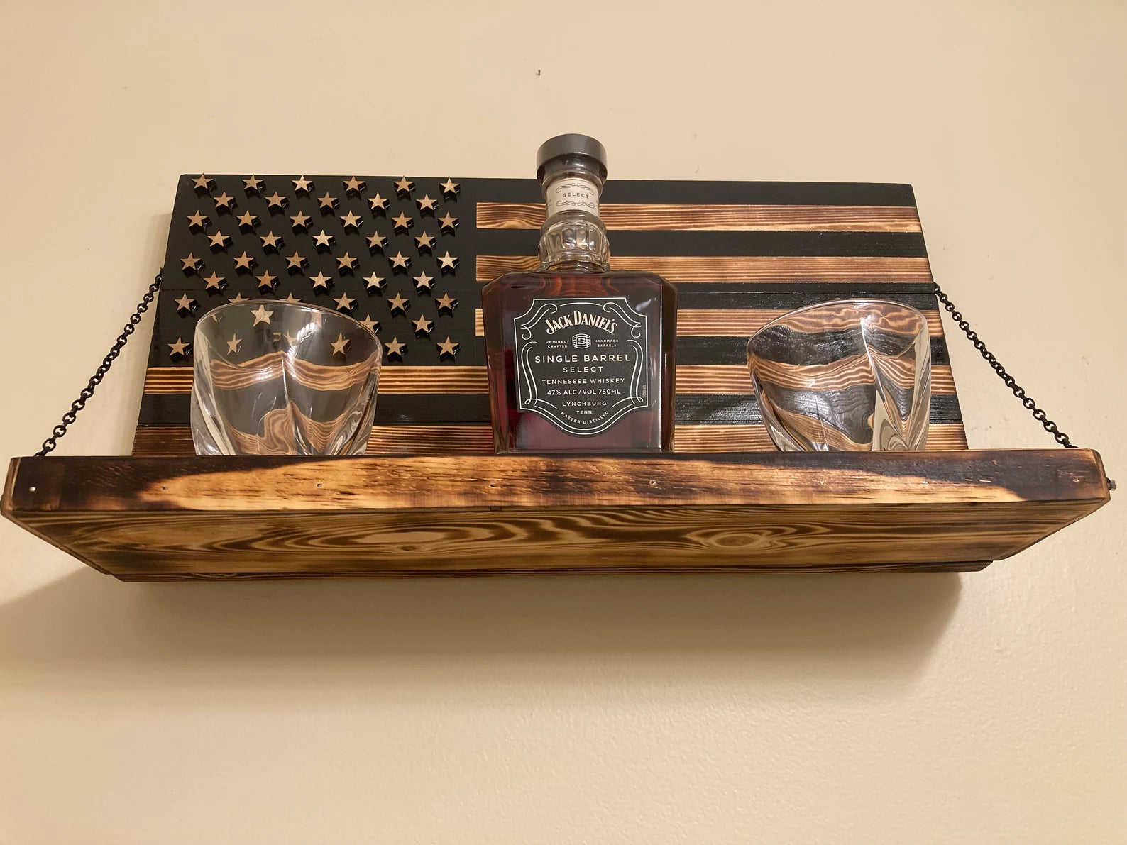 Whiskey Bottle Rack - Black and Burnt Wood For the Bar 13 Stripes
