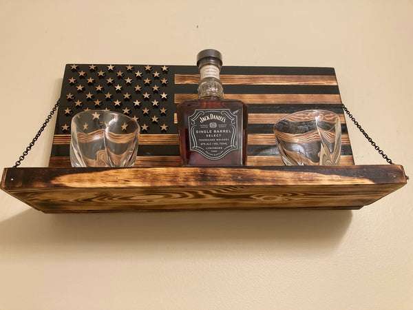 Whiskey Bottle Rack - Black and Burnt Wood For the Bar 13 Stripes
