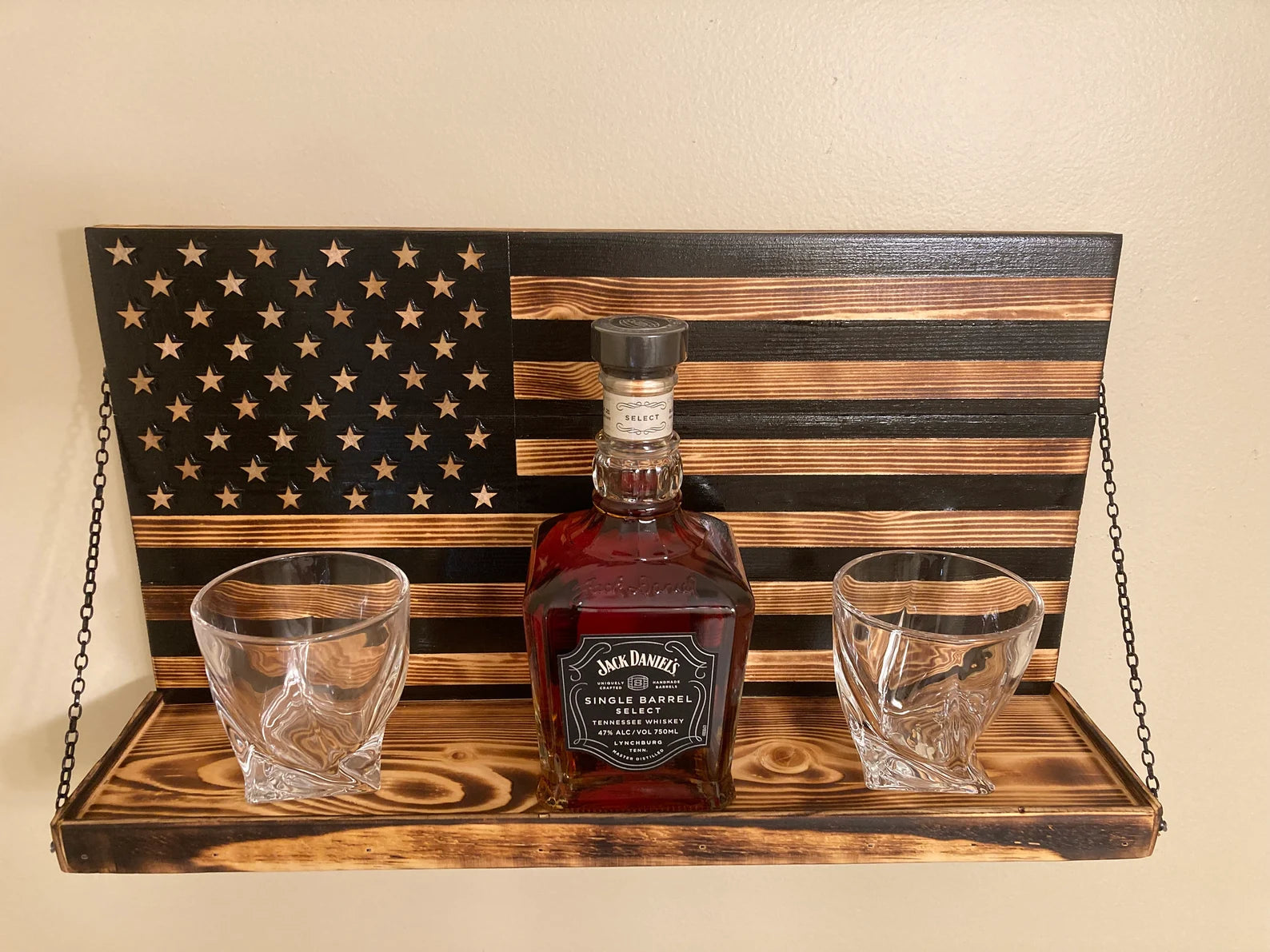 Whiskey Bottle Rack - Black and Burnt Wood For the Bar 13 Stripes
