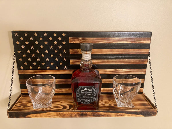 Whiskey Bottle Rack - Black and Burnt Wood For the Bar 13 Stripes