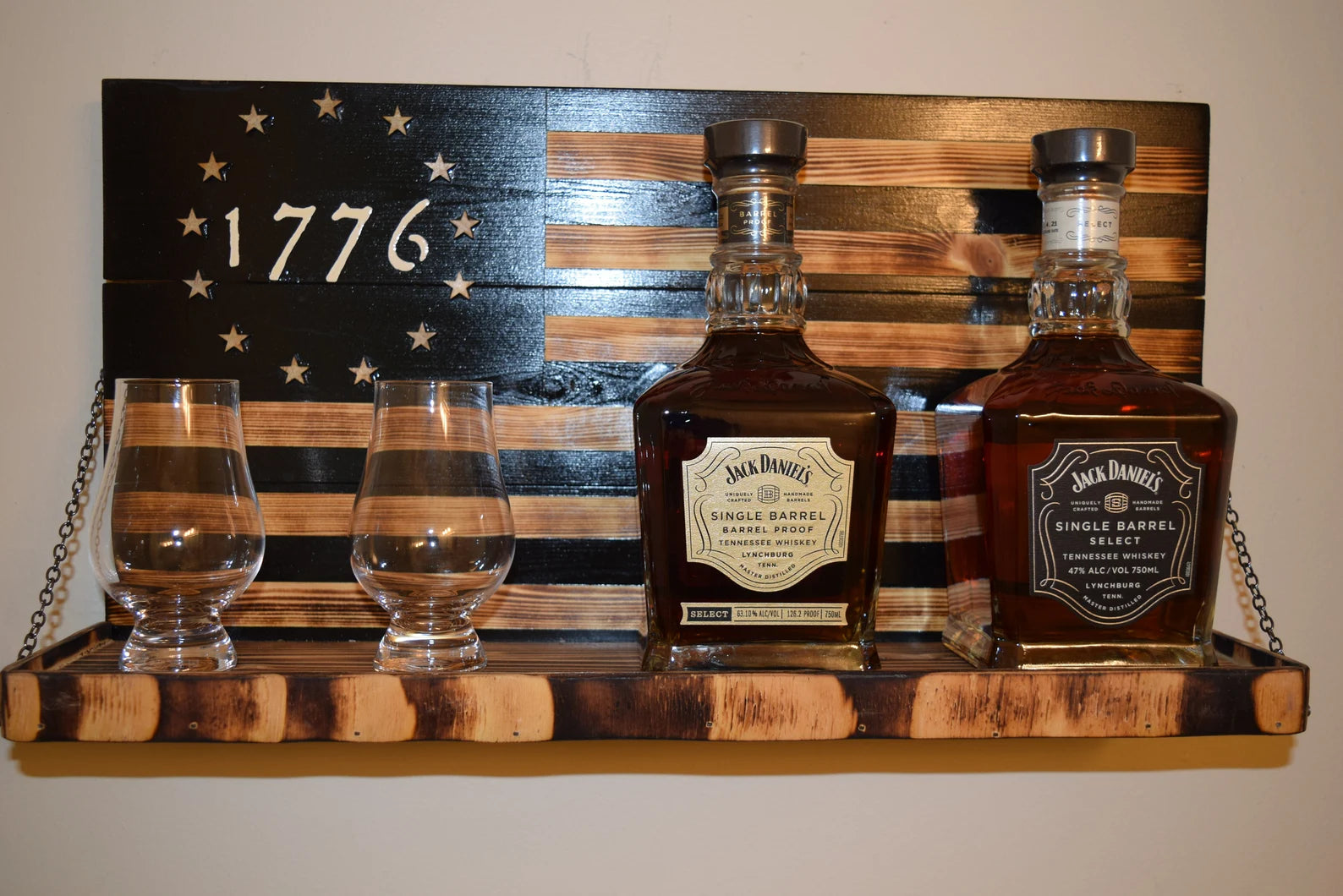 Whiskey Bottle Rack - 1776 Black and Burnt Wood For the Bar 13 Stripes