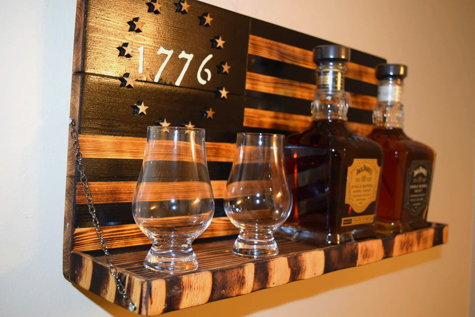 Whiskey Bottle Rack - 1776 Black and Burnt Wood For the Bar 13 Stripes