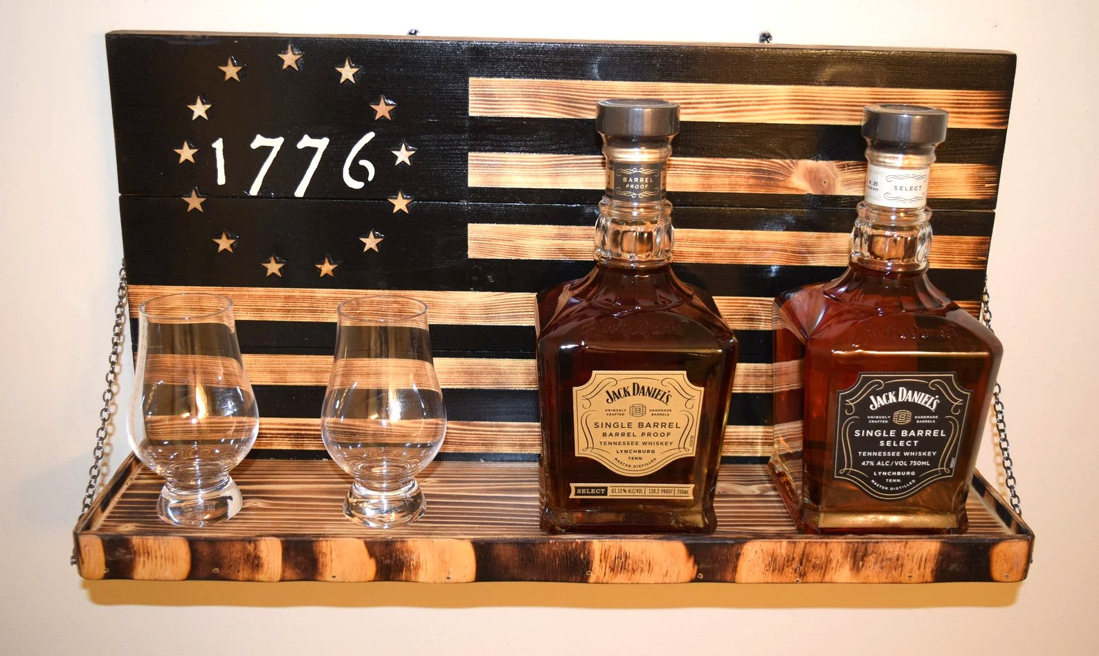 Whiskey Bottle Rack - 1776 Black and Burnt Wood
