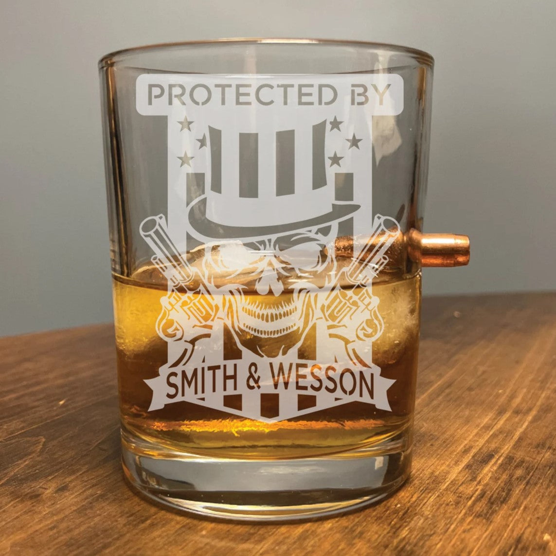 Protected by Smith & Wesson with .308 Bullet - Laser Etched Whiskey Glass For the Bar Bald Eagle Products