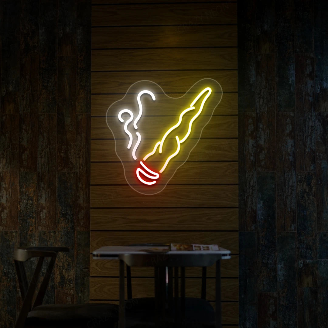 Neon cigar smoking hand sign with glowing smoke outline, ice blue and yellow with red tip