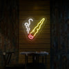 Neon cigar smoking hand sign with glowing smoke outline, ice blue and yellow with red tip