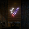 Neon cigar smoking hand sign with glowing smoke outline, white and purple with red tip