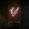 Neon cigar smoking hand sign with glowing smoke outline, white and pink-purple with red tip