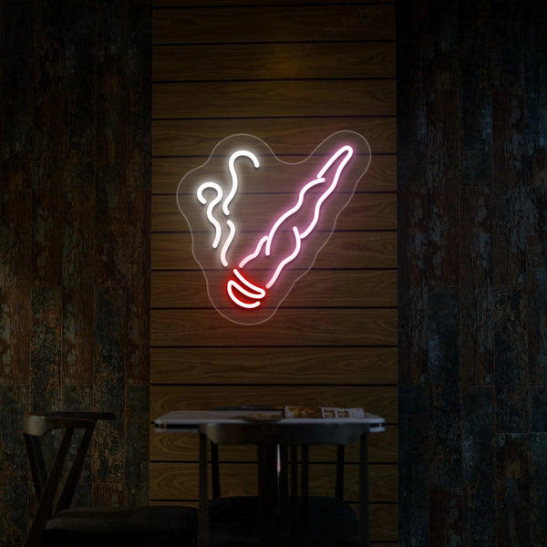 Neon cigar smoking hand sign with glowing smoke outline, white and pink-purple with red tip