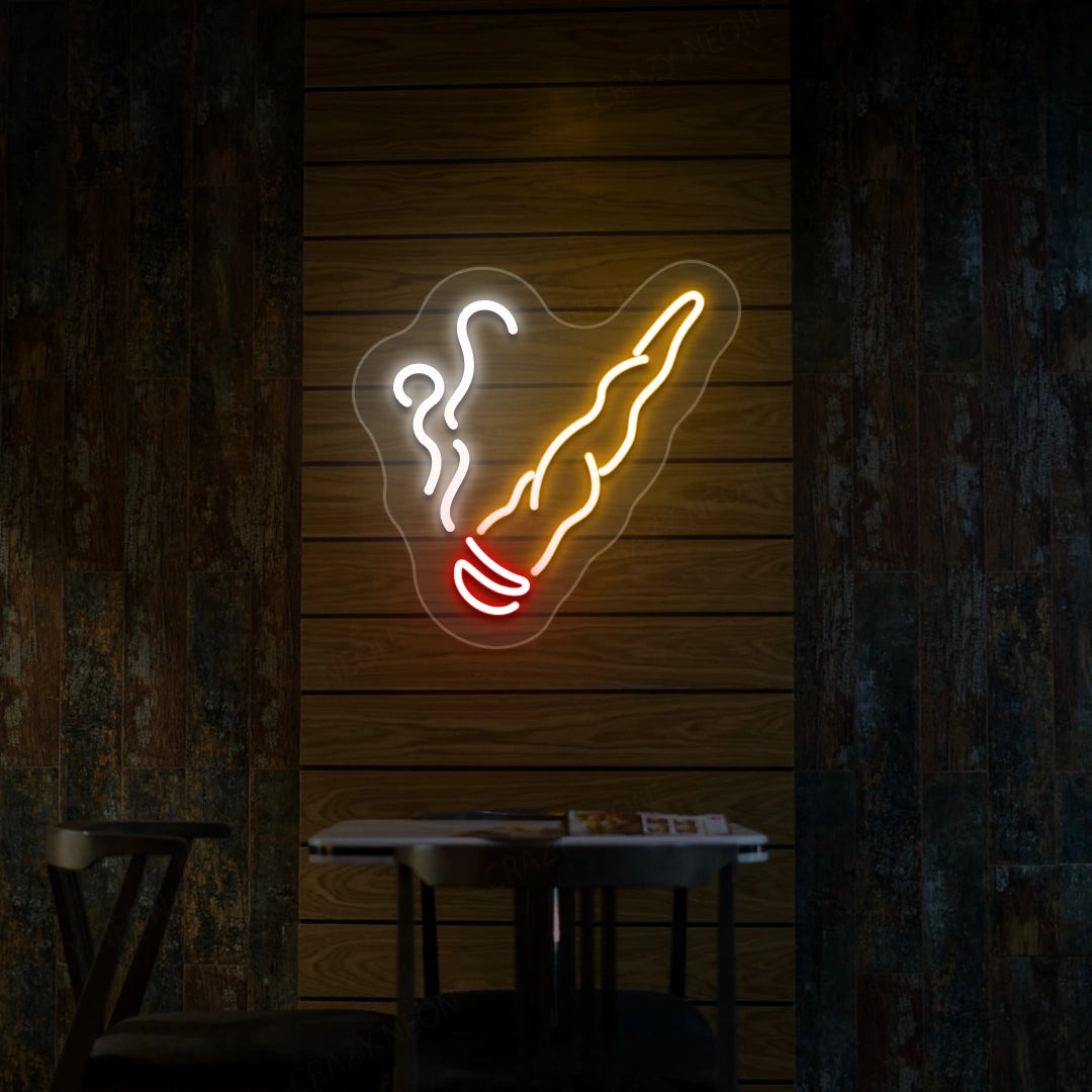 Neon cigar smoking hand sign with glowing smoke outline, ice blue and yellow with red tip