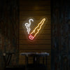 Neon cigar smoking hand sign with glowing smoke outline, ice blue and yellow with red tip